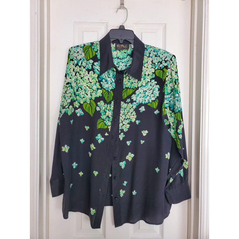 Bob Mackie Blouse Black Floral Sequin Wearable‎ Art Button Up Medium
